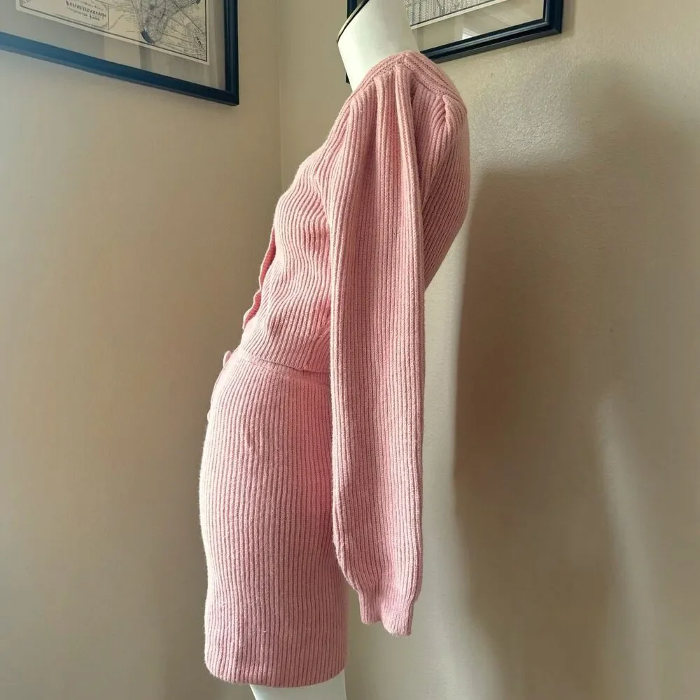 Lulus Womens 2-Piece Pink Textured Knit Button Cardigan Sweater & Skirt Set
